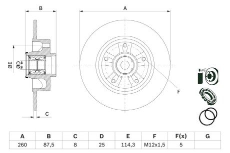 Диск гальмівний (задній) Renault Megane IV 15- (260x8) (+ABS) (з підшипником) BOSCH 0986479E79