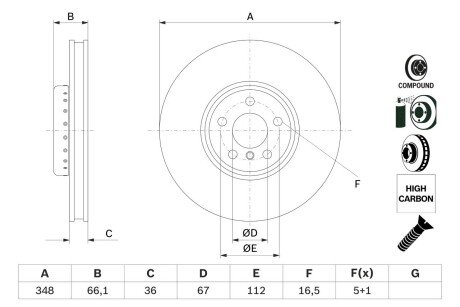 Диск гальмівний (передній) BMW 5 (G30/F90)/7 (G11/G12) 15- (348x36) (L) BOSCH 0986479F58