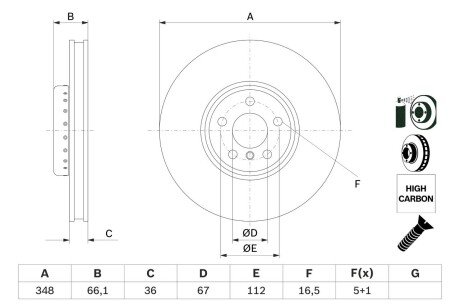 Диск гальмівний (передній) BMW 5 (G30/F90)/7 (G11/G12) 15- (348x36) (R) BOSCH 0986479F59