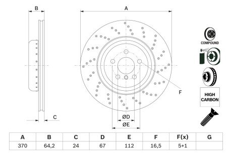 Диск гальмівний BMW 5/7/X5/X6 M-Perfomance d=370mm \'\'RR \'\'16>> - кр. 1 ШТ BOSCH 0986479G13