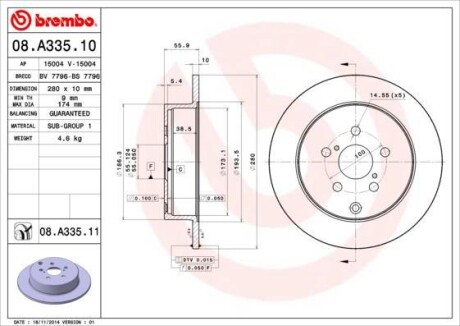 Гальмівний диск зад. Avensis 03- (280x56mm) BREMBO 08.A335.11
