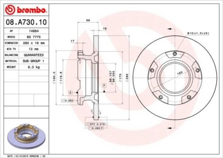 Гальмівний диск зад. Transit 06- (280x69mm) BREMBO 08.A730.10