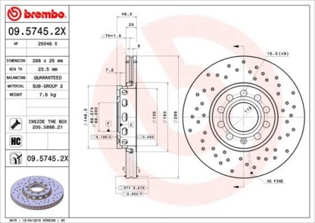 Гальмівний диск BREMBO 0957452X