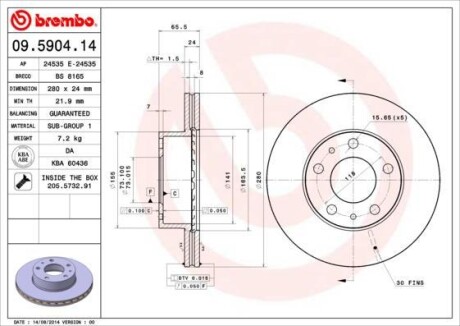 Гальмівний диск п./з. Jumper/Ducato 94-/Boxer 01- (280x66mm) BREMBO 09.5904.14