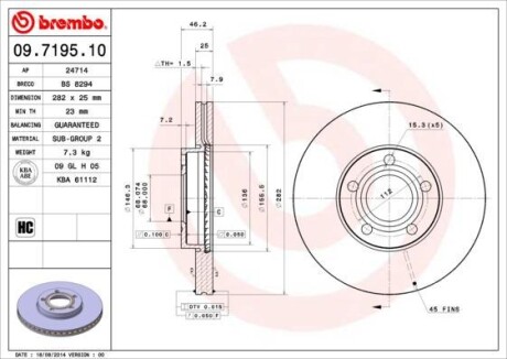 Гальмівний диск пер. Passat B5 96- (282x46mm) BREMBO 09.7195.10