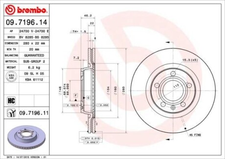 Гальмівний диск пер./зад. Passab B5 / Audi A4/A8 (280х22) BREMBO 09.7196.11 (фото 1)