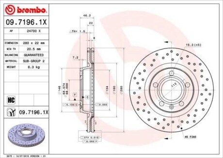 Гальмівний диск п./з. A4 94-/Passat B5 96- (280x46mm) BREMBO 09.7196.1X