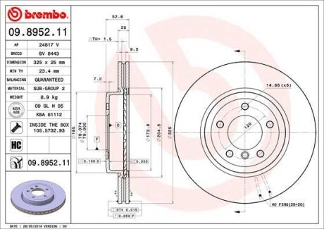 Гальмівний диск пер. BMW 3 (E46) 97- (325x53mm) BREMBO 09.8952.11