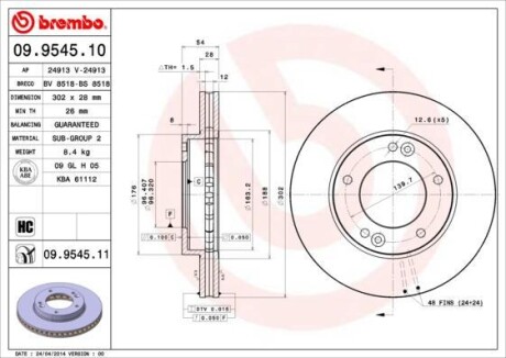 Гальмівний диск пер. Sorento I 02- (302x54mm) BREMBO 09.9545.11