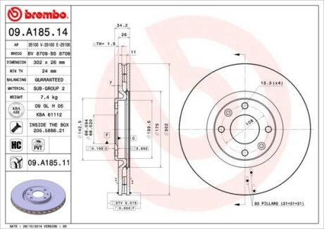 Гальмівний диск п./з. C4 04-/308 09-/3008 13- (302x34mm) BREMBO 09.A185.14