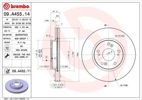Гальмівний диск пер. Civic VIII/IX/X 06- (282x47mm) BREMBO 09.A455.11