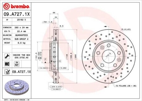 Гальмівний диск пер. Duster 17-/Kangoo III 21-/Laguna III 07-/Megane/Scenic 08- (280x44mm) BREMBO 09.A727.1X