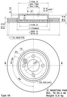 Гальмівний диск пер. MINI R55/R56/R57/R58/R59 (280х22) BREMBO 09.A761.11 (фото 1)