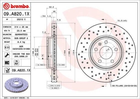 Гальмівний диск пер. A4 B8 08-/A4 B9 15-/A5 07- (314x52mm)(1шт/уп) BREMBO 09.A820.1X