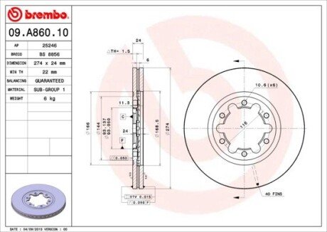 Фото гальмівний диск BREMBO 09.A860.10 Гальмівний диск BREMBO 09.A860.10