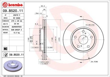 Гальмівний диск пер. HS/Prius/RAV 4 (05-21) BREMBO 09.B520.11 (фото 1)