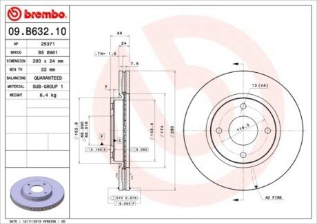 Диск гальмівний NISSAN TIIDA 1.5-1.8 07-, CUBE 1.5 1.6 2010 - передн. BREMBO 09.B632.10