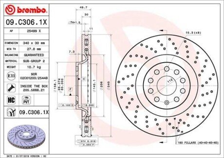 Гальмівний диск пер. Audi A3/Skoda Octavia III/VW Golf VII 13- BREMBO 09.C306.1X