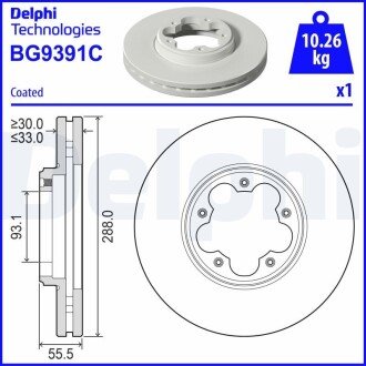 FORD Гальмівний диск передній TOURNEO CUSTOM V362 15-, TRANSIT V363 13- Delphi BG9391C