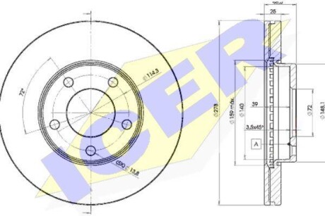 Диск гальмівний (передній) Mazda 3/5 04-/Iveco Daily 01-06 (278x25) (с покр.) (вентил.) ICER 78BD3272-2