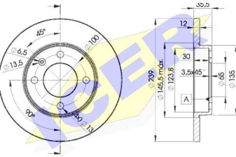 Диск гальмівний (передній) VW Caddy 82-92/Golf 74-99/Passat 73-88/Polo 95-02 (239x12)(з покр)(повний) ICER 78BD3300-2