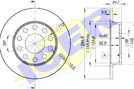 Диск гальмівний (задній) Audi A4 00-09/Seat Exeo 08- (245x10) (з покриттям) (повний) ICER 78BD3637-2