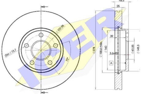 Диск гальмівний (передній) Ford C-Max 07-10/Focus/Volvo C30/C70/S40 04-12 (278x25)(з покр.)(вент.) ICER 78BD3963-2 (фото 1)