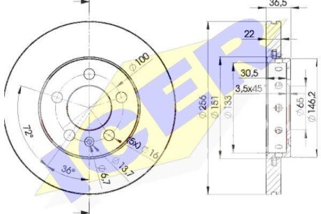 Диск гальмівний (передній) Skoda Fabia/Octavia 98-15/VW Golf 97-07/Polo 01- (256x22)(з покр)(вент) ICER 78BD5602-2