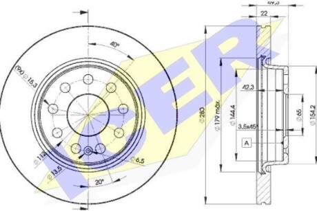 Диск гальмівний (передній) Audi A3/Seat Leon/Skoda Octavia/VW Caddy/Golf 04- (280x22)(з покр.)(вент.) ICER 78BD5614-2
