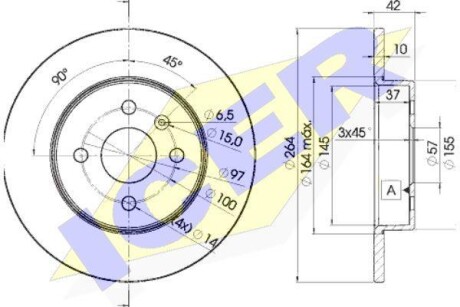 Диск гальмівний (задній) Opel Combo 01-/Astra H/Meriva A 05-10 (264x10) (повний) ICER 78BD9116-2