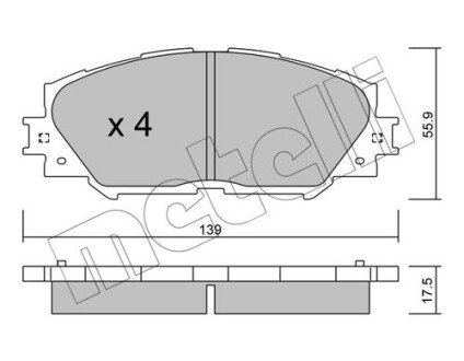 Колодки гальмівні (передні) Toyota Corolla 01-18/Auris 07-12/Rav4 III 05-/Yaris/Prius+ 12- Metelli 22-0747-0