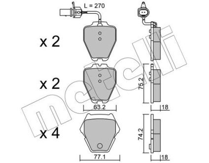 Колодки гальмівні (передні) Audi A4 97-01/A6 97-05/Phaeton 02-08 (+датчики) Metelli 22-0774-1