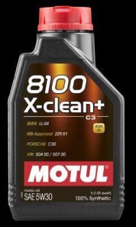 1л 8100 X-CLEAN+ 5W-30 Олива синтетична C3, BMW Longlife-04, MB 229.51, PORSCHE C30, VW 504.00, VW 507.00 MOTUL 106376