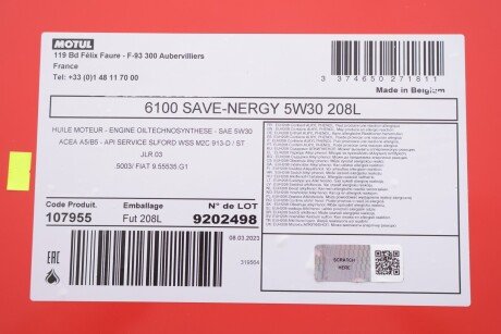 Олива 5W30 SAVE-nergy 6100 (208L) (WSS M2C 913D/STJLR.03.5003/9.55535-G1) 107955 заміна на 812578 MOTUL 812478