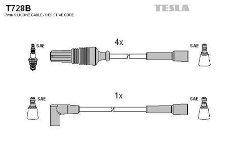Фото комплект кабелiв запалювання TESLA T728B Комплект кабелiв запалювання TESLA T728B