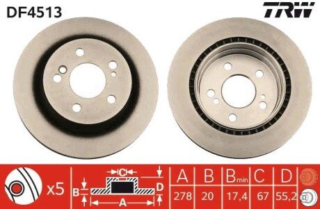 Диск гальмівний (1 шт.) MERCEDES C(W203)/E(S124)/SLK(R171) "R D=278mm "89-11 TRW DF4513