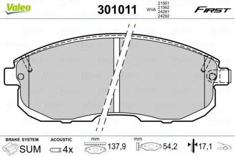 Гальмівні колодки дискові FIAT/NISSAN Punto/Cube/Juke/Maxima/Pulsar/Teana/Tiida "1,1-3,5 "F "93>> Valeo 301011