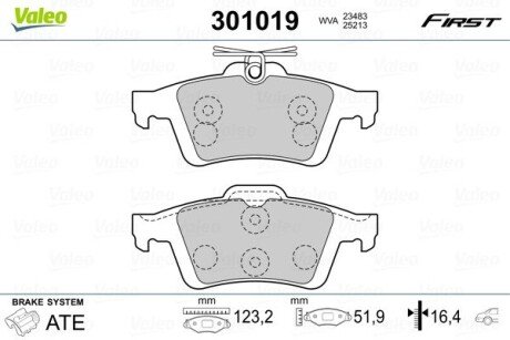 Гальмівні колодки дискові FORD/VOLVO C-Max/Focus/C30/C70/S40/V40/V50 "1,0-2,5 "R "03>> Valeo 301019 (фото 1)