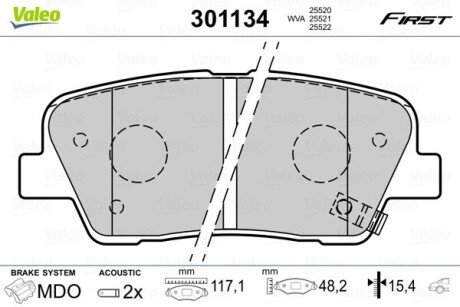 Гальмівні колодки дискові HYUNDAI/KIA Genesis/SantaFe/SorentoII "2,0-5,0 "R "08>> Valeo 301134