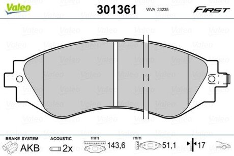 Гальмівні колодки дискові CHEVROLET/DAEWOO Epica/Lacetti/Nubira/Rezzo/Leganza "1,4-2,2 "F "97>> Valeo 301361