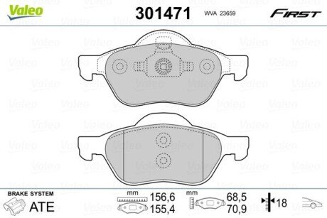 Гальмівні колодки дискові RENAULT Espace/Laguna "1,9-3,5 "F "01-10 Valeo 301471