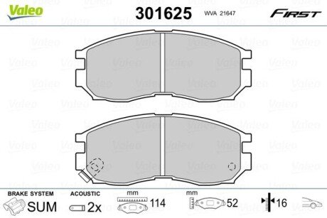 Гальмівні колодки дискові HYUNDAI/MITSUBISHI Santamo/Colt/Galant/Lancer "1,6-2,5 "F "87-03 Valeo 301625