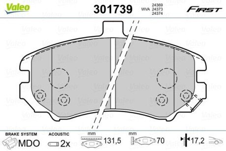 Гальмівні колодки дискові HYUNDAI Elantra "1,6-2,0 "F "00-06 Valeo 301739