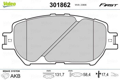 Гальмівні колодки дискові TOYOTA Camry "2,4-3,0 "F "01-06 Valeo 301862