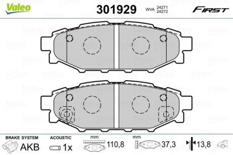 Гальмівні колодки дискові SUBARU/TOYOTA BRZ/Forester/Impreza/Legacy/Outback/GT86 "1,5-3,6 "R "03>> Valeo 301929