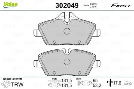 Гальмівні колодки дискові BMW 1(E81,82,87,88)/2(F45)/3(E90)/Cooper/One "1,2-3,0 "F "03>> Valeo 302049