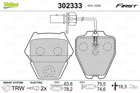 Колодки гальмівні (передні) Audi A4 97-01/A6 97-05/VW Passat B5 00-05/Phaeton 02-08 (+датчики) Valeo 302333